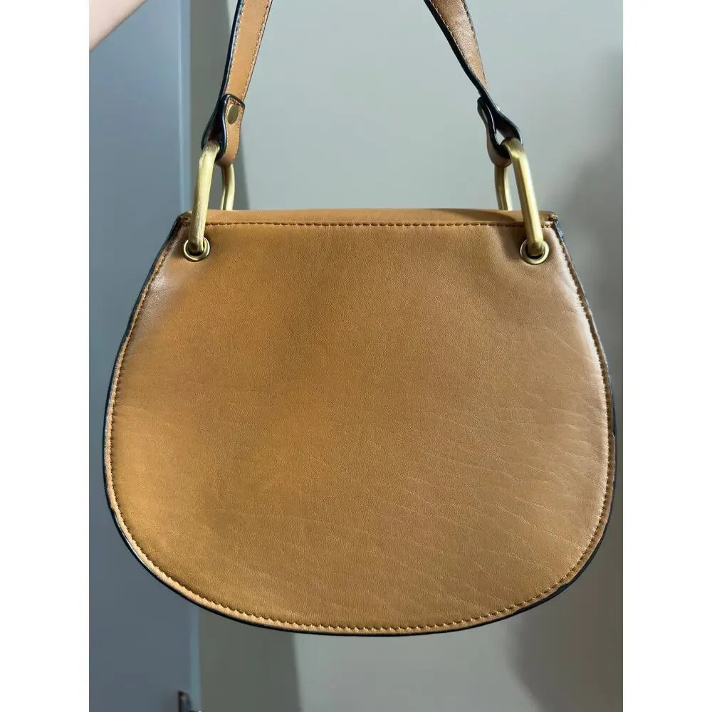Cynthia Rowley Tabitha Studded Leather Crossbody Saddle Bag Cognac Tan Brown